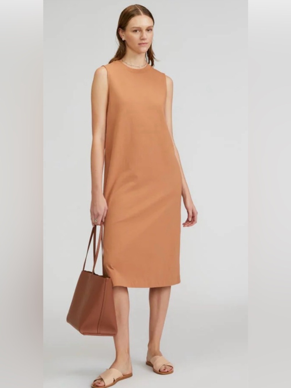Everlane “The Weekend Tank Dress” Sleeveless Midi Shift Dress in Camel